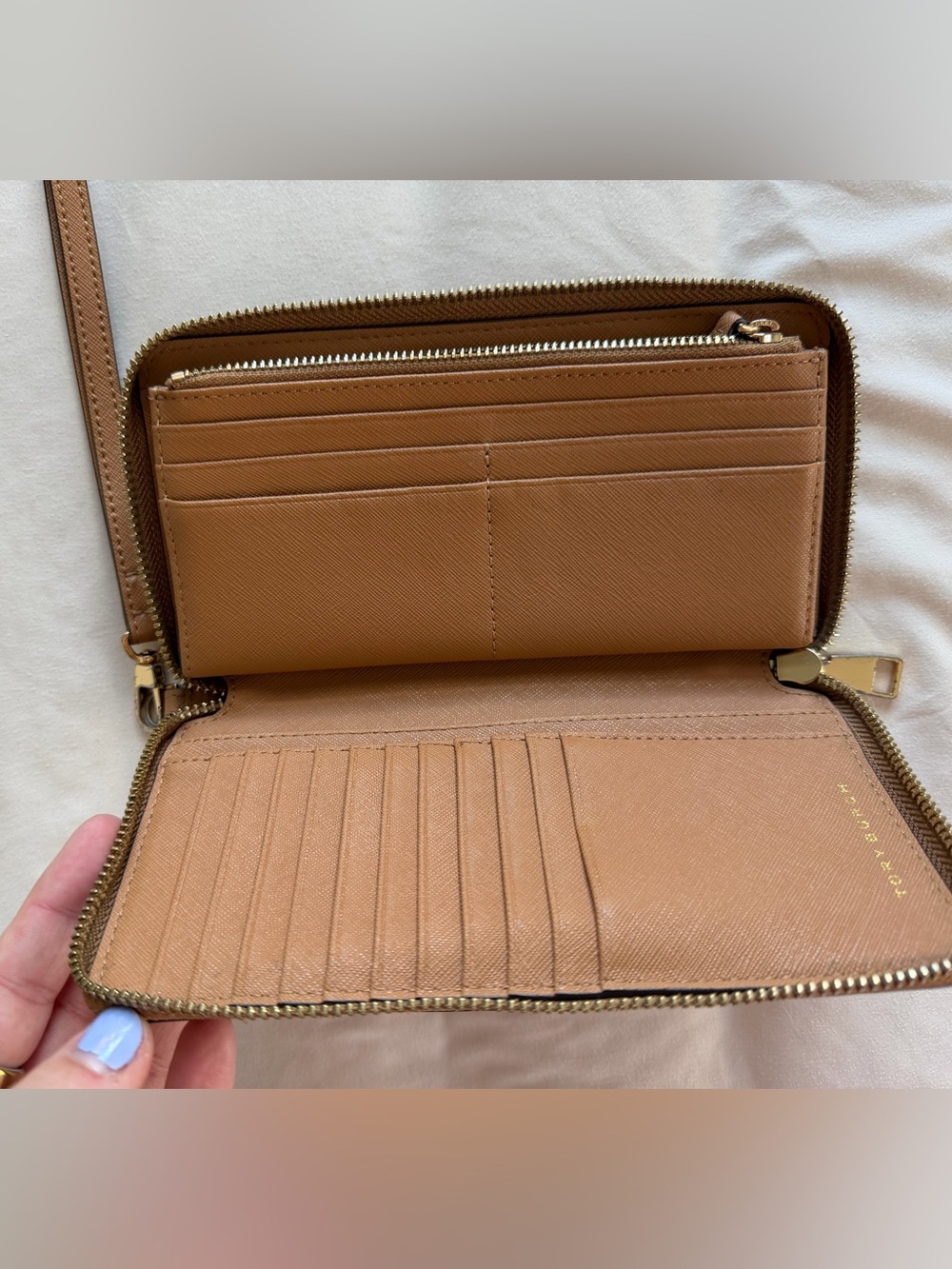 Tory Burch Camel Tan Saffiano Leather Zip Wristlet - Picture 2 of 4